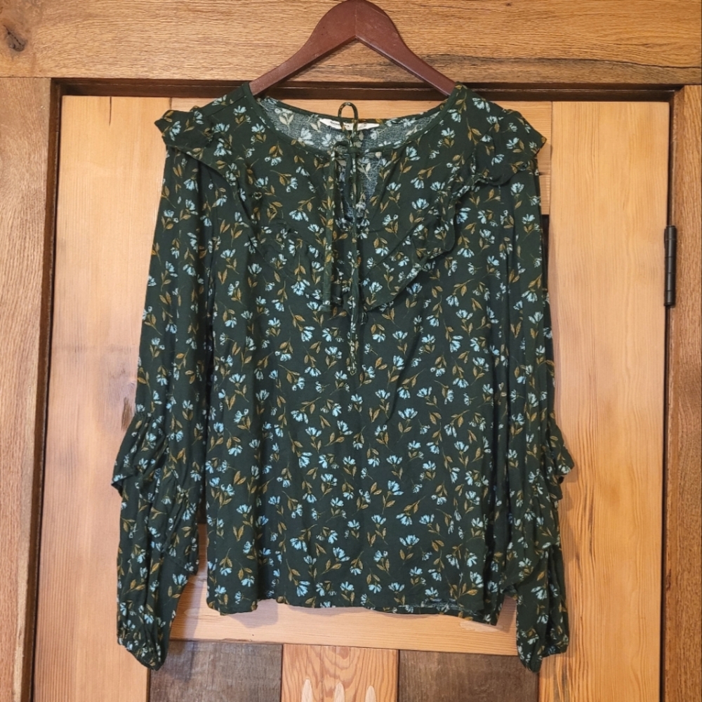 Women's Sonoma Green Mustard Blue Floral Yoked Ruffle Long Sleeve Tie Blouse -M